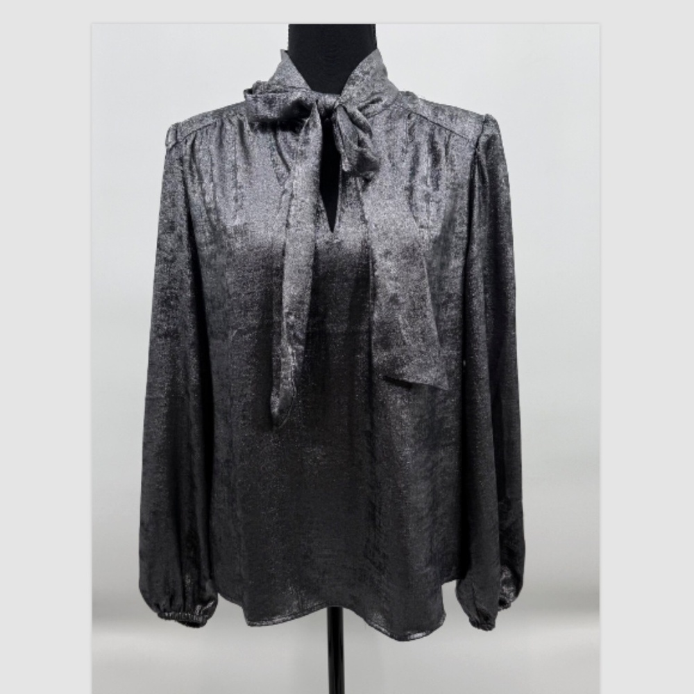 Ann Taylor Factory Charcoal Metallic Bow-Tie Blouse